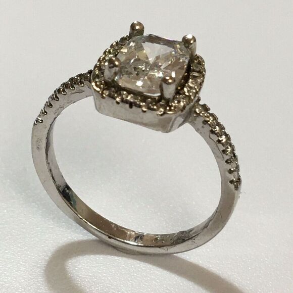 Silver Tone Halo Ring Square CZ 2.5mm Band Clear Gemstones Worn Plating - Picture 9 of 11